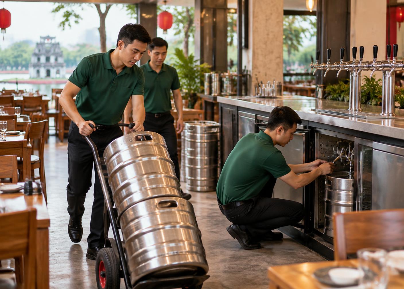 Đội ngũ kỹ thuật giao keg và lắp đặt hệ thống bia hơi Hà Nội tại nhà hàng