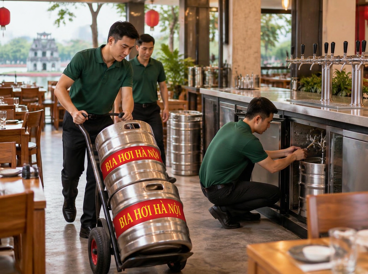Đội ngũ kỹ thuật giao keg và lắp đặt hệ thống bia hơi Hà Nội tại nhà hàng
